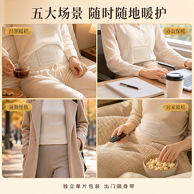 [主图-4] 场景使用 多场景拼接展示暖宫贴的日常使用场景，覆盖经期、办公、通勤、居家等，让用户代入自身需求。
[统一基调] 新中式温润质感，米白金配色体系。主标题用深棕色宋体细衬线字体，辅助文案用深棕色非衬线体，强调色为烫金色。整体干净通透，自然光感。
[画面] 画面采用四宫格场景拼图布局，四个场景均等分画面，每格之间有细细的金色分割线。①左上-经期居家：温馨卧室床上，一位女性（只展示下半身和手部，不露脸）穿着浅色家居服，小腹位置隔着衣服贴着暖宫贴，手边放一杯红糖姜茶，暖光氛围；②右上-办公场景：简约办公桌前，女性穿着职业装（只展示腰部到手部区域），坐在电脑前，小腹隔着衬衫贴暖宫贴，桌上有笔记本和咖啡，自然光从窗户照入；③左下-外出通勤：秋冬街头场景（虚化背景），女性穿着大衣，手插口袋，小腹位置隐约可见暖宫贴轮廓但不明显，表现"轻薄隐形 穿搭无负担"；④右下-秋冬暖护：居家沙发场景，女性盖着薄毯追剧，小腹贴暖宫贴，旁边有抱枕和零食，温馨放松。四个场景中暖宫贴都以"隔衣贴"方式呈现，不直接接触皮肤。每个场景角落有一个小小的金色场景标签。
[光影质感] 每个场景都是自然柔和的暖光，生活感真实，不刻意摆拍。暖宫贴在每个场景中都清晰可辨但不突兀，贴合衣物自然。整体光影统一偏暖。
[配色] 每个场景以自身环境色为主，但整体统一在暖米金调中，场景间色调协调。文字统一深棕色，标签烫金色。
[文字版式] 画面顶部通栏主标题"五大场景 随时随地暖护"，深棕色宋体大字号。四个场景各有一个小号金色圆角标签："经期暖护""办公保暖""通勤便携""居家放松"。标签放在各场景的角落空白处，不遮挡人物和产品。画面底部一行小字"独立单片包装 出门随身带"。
[输出要求] 1:1正方形，2048x2048，场景真实自然，暖宫贴在每个场景中都清晰可见且外观与输入图一致。负向：禁止露脸、禁止医疗暗示、禁止人物变形、禁止场景杂乱、禁止错字。