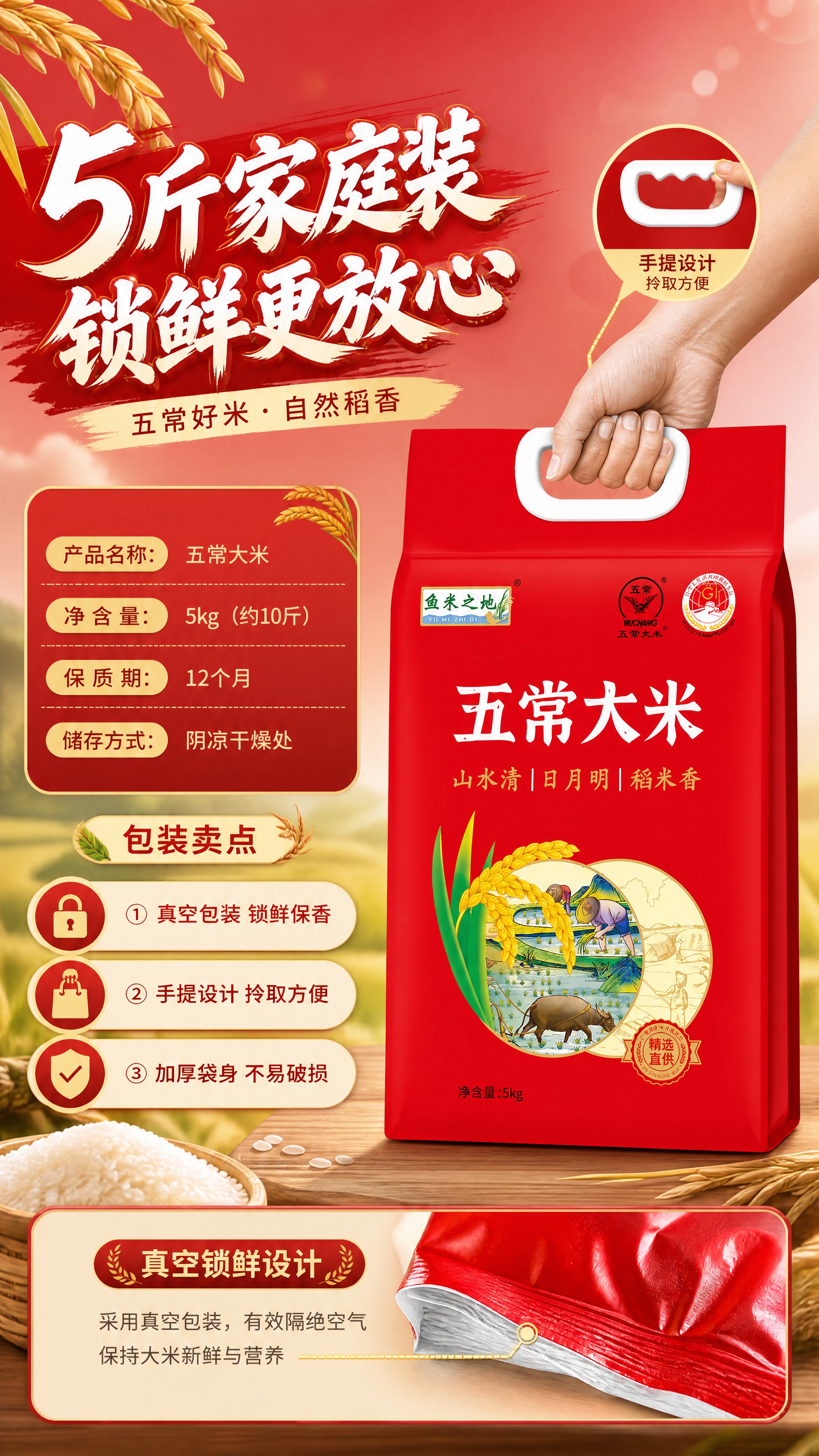 [商品] 使用【图1】鱼米之地五常大米5kg红色包装袋；保留包… - 图片创意预览