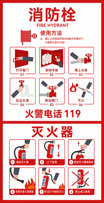 参考原图平面插画风格，重新生成消防栓和灭火器使用方法说明图，保留所有文字内容和排版布局，风格为扁平插画，红色白色配色，清晰展示操作步骤预览效果
