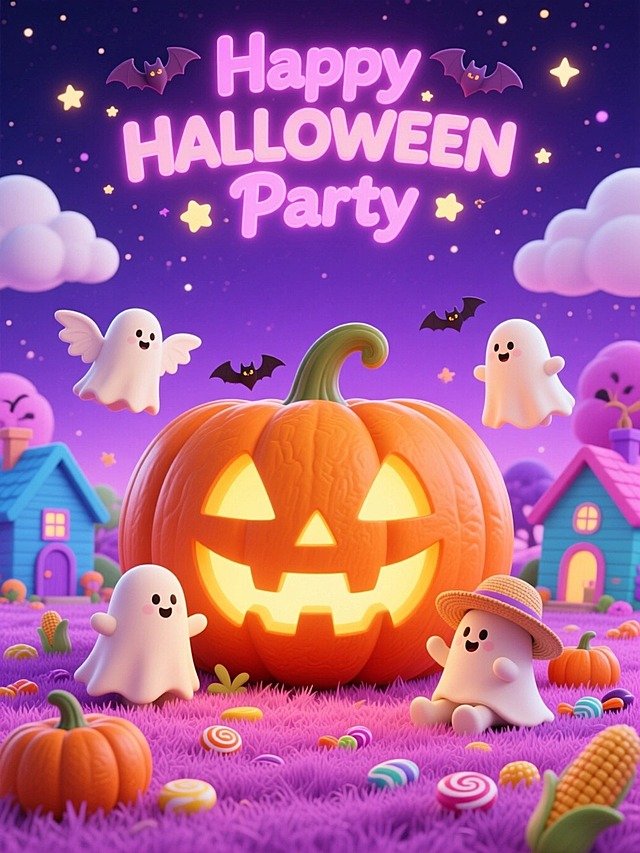 3D 卡通风格。背景为渐变深紫色的梦幻夜空，点缀云朵、星星；画面中心是一只巨型橙色南瓜灯，面部镂空处透出暖黄色光芒；围绕南瓜灯分布着多只造型圆润的白色幽灵（带翅膀/戴草帽/坐在地上）；底部是粉紫色的毛绒质感草地，点缀小南瓜、玉米糖等；背景穿插虚化卡通小房子（蓝紫色、粉紫色调）；顶部有渐变粉紫色的荧光感文字 “Happy HALLOWEEN Party”，文字周围点缀小蝙蝠、星星等装饰元素。