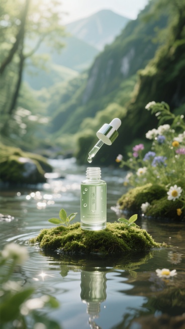 高质感化妆品广告摄影，透明玻璃滴管瓶身的精华液，瓶身带有水滴，放置于不同自然背景中（如森林苔藓、山间溪流、花园花丛等），周围点缀相关天然成分元素，柔和的侧逆光营造梦幻光晕，水面倒映波光粼粼，整体色调以清新自然的绿色系为主，光影层次丰富，细节清晰，呈现纯净、天然、高端的护肤产品形象，具有杂志级别的视觉质感和氛围。预览效果