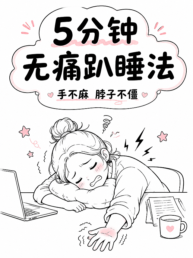 小红书封面图，线稿插画风，白底，简洁干净。画面中央是一个可爱的打工人女生趴在办公桌上睡觉，表情痛苦，手麻脖子僵的夸张表情，周围有闪电和星星的线稿小图标表示手麻。顶部有大字标题文字区域写着"5分钟无痛趴睡法"，下方小字"手不麻 脖子不僵"。整体是简约线稿插画风格，黑色线条，少量淡粉色点缀，白底背景，画面不杂乱，小红书竖版构图