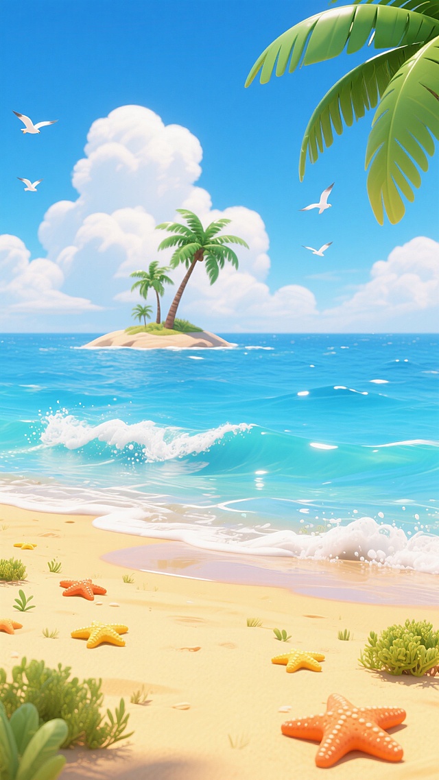 3D渲染风格的夏日海景插画，画面以明亮的天蓝色为背景，点缀着几朵蓬松的白云，阳光明媚，光影柔和。前景是金黄色的沙滩，上面散落着绿色的低矮植物和橙色、黄色的海星。中景是清澈碧蓝的海水，海浪轻轻拍打着沙滩，溅起白色的浪花，海水呈现出从浅到深的渐变蓝色，带有透明的质感。远处海面上有一座小岛，岛上矗立着一棵倾斜的绿色棕榈树，旁边还有几棵较小的棕榈树。右上角前景有一片巨大的绿色棕榈叶，边缘清晰，叶脉分明。天空中有几只白色的海鸥在自由飞翔，姿态轻盈。整体氛围轻松愉悦，充满夏日度假的悠闲感，色彩鲜明和谐，构图层次分明，具有强烈的视觉吸引力和立体感。