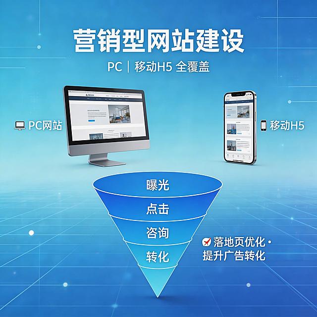 网站与技术服务业务插图，营销型网站建设，PC移动H5全覆盖，落地页优化提升广告转化，科技技术服务蓝色商务风格