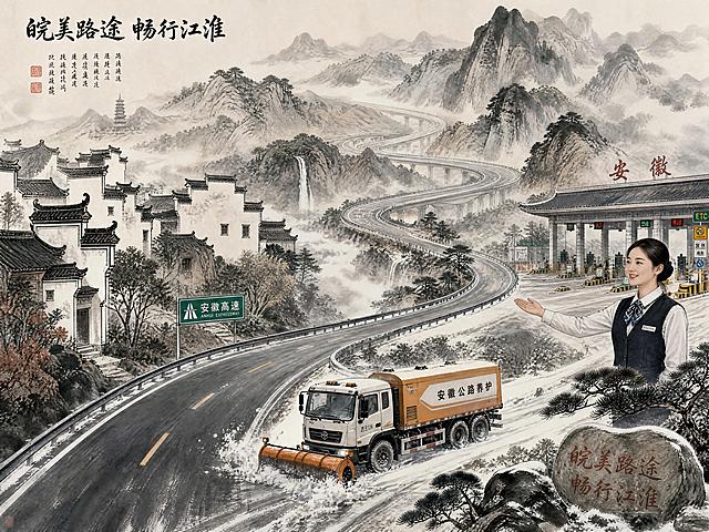 中国水墨风安徽高速公路主题创意插画，融合徽派建筑白墙灰瓦马头墙元素，蜿蜒的高速公路穿梭于水墨山水之间，远处山峦叠嶂云雾缭绕。画面右侧有高速公路收费站亲切微笑的工作人员形象。画面中下部有一辆正在铲冰除雪的作业车辆，展现道路养护工作场景。整体采用水墨丹青风格，以青灰、墨黑、赭石为主色调，色彩统一和谐，构图饱满有设计感，层次丰富，意境深远，兼具传统水墨韵味与现代高速元素，高质量艺术作品水准，4K超清画质