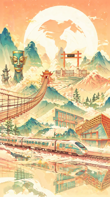 参考第一张图片的国潮插画风格，保留橙青渐变暖色调、细腻线条和渐变云雾山水的特点，按照第二张线稿草图重新生成画面，内容包含悬挂铁索桥、三星堆文物、远山、南天门大门、现代高铁站建筑、高铁列车，移除所有水印预览效果