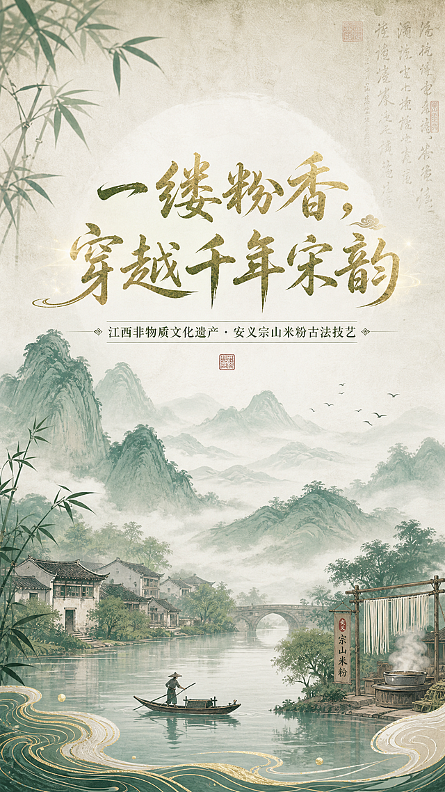 国风全屏背景，带有字幕动画开篇页，主标题文字'一缕粉香，穿越千年宋韵'，副标题文字'江西非物质文化遗产 · 安义宗山米粉古法技艺'，整体风格古朴雅致，青山绿水国风意境，淡雅的中式水墨配色，突出非遗传统文化的千年底蕴，适配H5开篇页展示