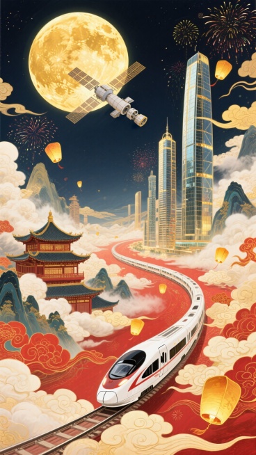 国潮插画，远处的古代阁楼山水与近处流光溢彩的现代玻璃摩天大楼和谐共生，一辆白色的高铁由远及近蜿蜒穿梭。夜空中一轮巨大的金色满月，月球旁边可见中国空间站。天空布满绚烂的烟花和传统祥云，金色孔明灯飞舞在天预览效果