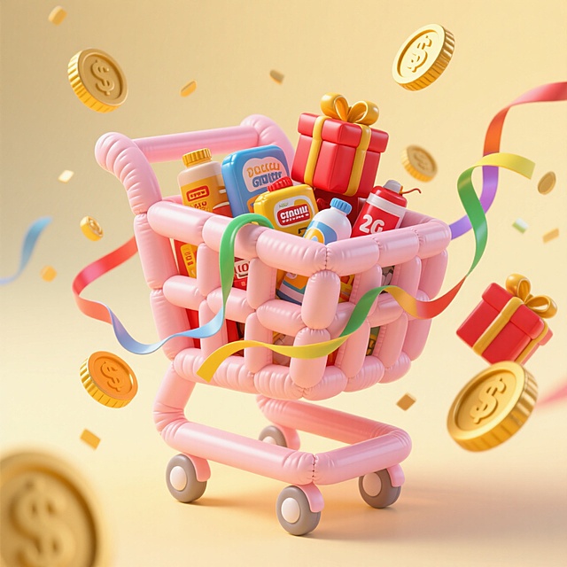 主视觉浅粉色购物车，车内装满各种商品，环绕金币、彩带、礼盒，浅黄渐变背景，促销氛围