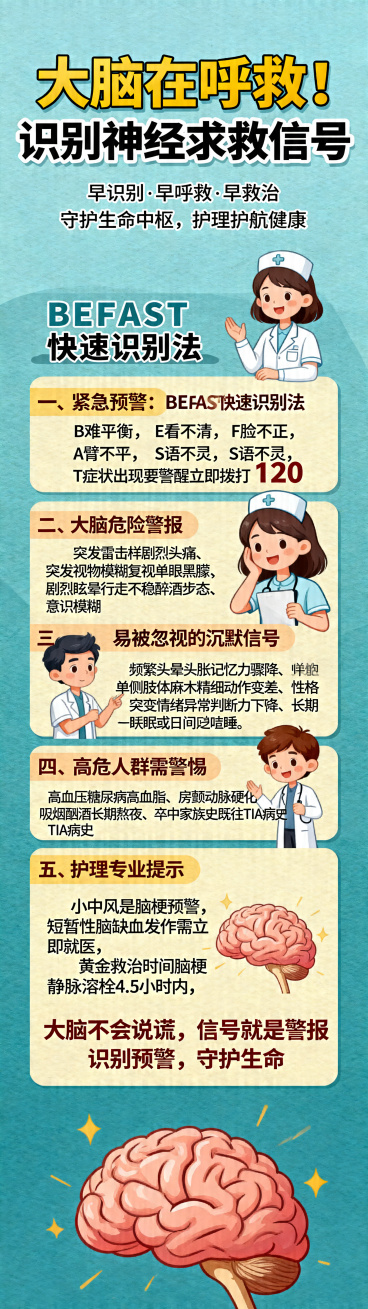 竖版科普长图海报，顶部主标题大字"大脑在呼救！识别神经求救信号"，副标题小字"早识别 · 早呼救 · 早救治 守护生命中枢，护理护航健康"。内容分清晰板块：一、紧急预警：BEFAST快速识别法：B难平预览效果