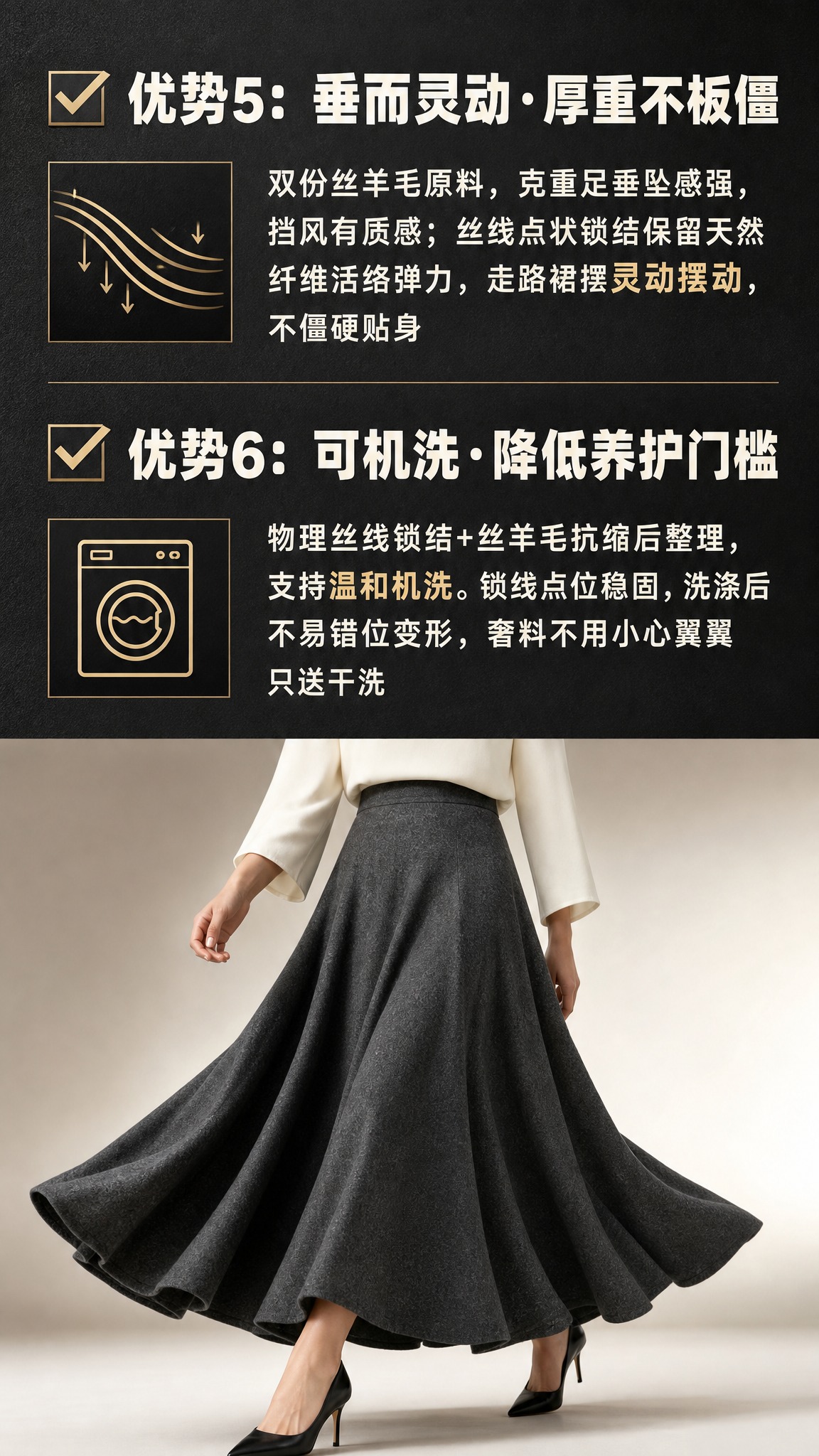 [商品] 使用【图2】深灰色丝羊毛半裙上身图；商品处理：保留高… - 图片创意预览