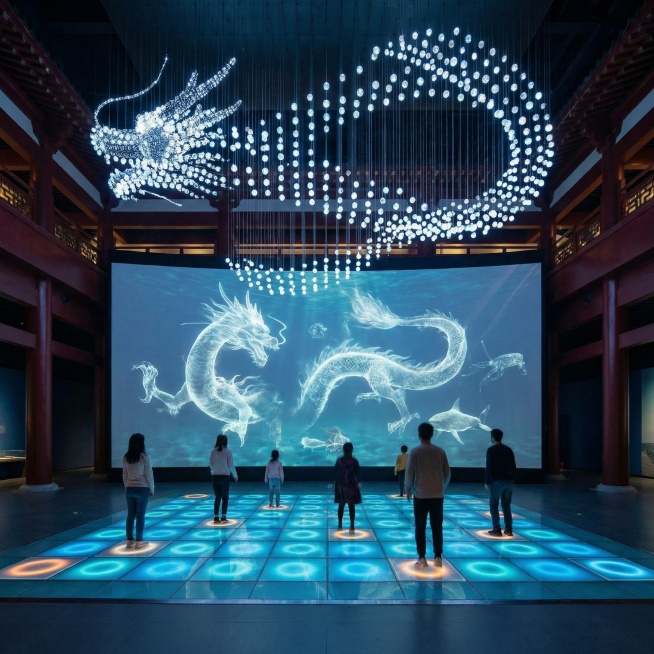 中国科技馆风格，传统龙宫场景中的幻影成像互动展项，空中悬吊矩阵龙型灯，地面设有踩踏点控制悬吊的矩阵龙灯，点亮后形成完整龙形图案，不出现文字，照片级渲染，远景视角，超清晰，高分辨率预览效果