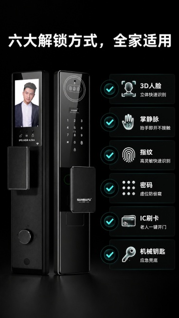 [第3屏] 解锁方式展示-CNC精雕铝智能门锁六种解锁方式详解。本屏使用【图1】作为产品主体。
[氛围/风格] 专业科技风，黑底设计，清晰分区域展示，突出实用性。
[元素布局] 产品主体放在左侧占比约预览效果