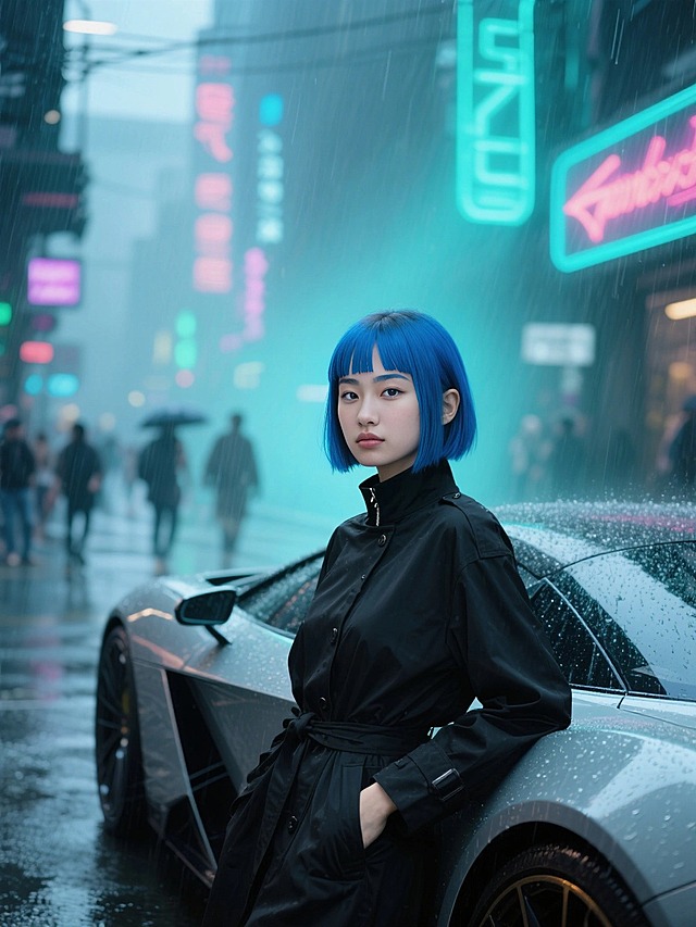 女生，蓝色齐刘海短直发，蓝色眉毛，穿立领黑色风衣，靠在一辆超扁跑车上；雨天，繁华的赛博街区，行人，霓虹招牌投影，赛博朋克冷调青色渐变，大光圈虚化