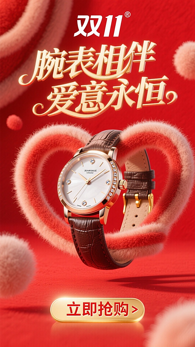 商业摄影风格，比例 16:9。以鲜艳的红色为背景，营造热烈氛围。画面正中央是巨大且优雅的主标题 “腕表相伴 爱意永恒”，采用金色立体艺术字体，笔画粗细变化富有韵律，表面有细腻的光泽质感，像是被柔和灯光照亮，凸显奢华与浪漫。标题上方显著位置为 “双 11” Logo，设计简约现代，以红色与白色为主色调，红色与背景呼应，白色线条勾勒出独特造型，醒目突出。画面核心的手表质感上乘，金属表身散发着冷冽光泽，表盘镶嵌着璀璨宝石，指针精准指向特定时刻，表带纹理清晰，与金色表扣相得益彰。画面底部的 “立即抢购” 按钮为醒目的金色，搭配红色文字，按钮具有强烈的立体效果，仿佛悬浮在背景之上，周围有一圈淡淡的红色光晕，吸引观者注意力，整体画面充满商业促销的活力与魅力。