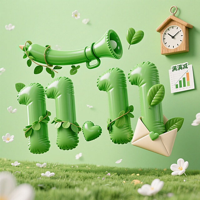 绿色充气数字 “1111” 搭配自然元素，背景清新草地，营造双 11 自然促销氛围