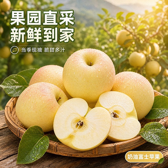 将图中所有苹果的品种从黄元帅苹果改为奶油富士苹果。奶油富士苹果特征：果皮呈奶黄色偏浅金、表面有细密的果点和天然果蜡光泽、果形圆润饱满、果肉呈奶白色偏淡黄、肉质脆嫩多汁带冰糖心质感。保持原图的构图、场景、背景、文字排版、光影和整体风格完全不变，只替换苹果的品种外观特征，使苹果呈现奶油富士的典型外观。所有文字中的"黄元帅"改为"奶油富士"，保持文字的字体、颜色、大小、位置不变。