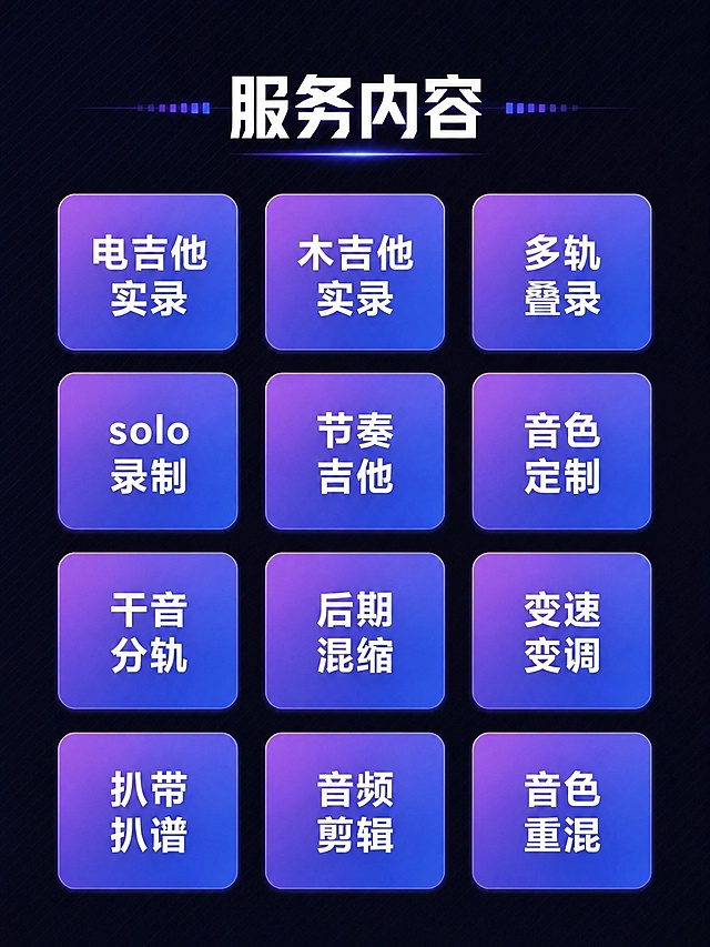 帮我生成像这种的详情页「图片1」「图片1」「图片1」「图片1」「图片1」「图片1」参照图片风格完全变化，风格要求完全变化，内容也要完全变化，我要的内容是电吉他、木吉他实录类目的，图片比例不能变，内容一定要丰富，图片要好看，版型风格颜色都可以变化，工作室的名字改成初野音造工坊