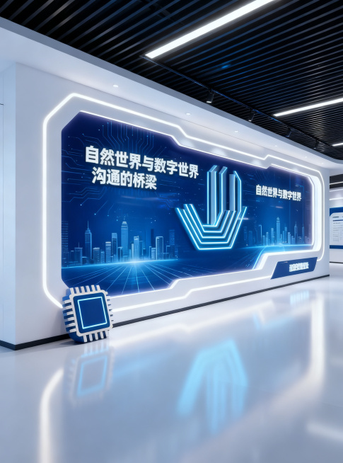 参考图片风格，设计一块科技感文化墙，文化墙尺寸为高度284cm宽度210cm，保持该尺寸比例，背景为科技风格，带有立体发光线条造型，墙面旁放置几个立体小芯片造型，主标题是"自然世界与数字世界沟通的桥梁预览效果