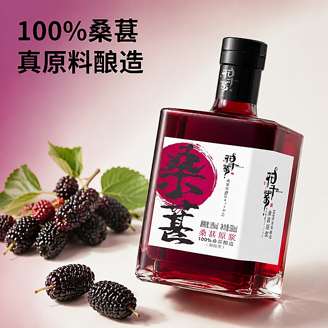 [主图-2] 100%桑葚原浆酿造果酒卖点主图，产品外观保持与输入图片完全一致，方形玻璃瓶身深红色酒液，黑色瓶盖，白色标签。[氛围/风格] 自然简约电商主图，高清商业摄影，通透质感。[画面元素] 产品瓶身斜放在画面中心偏右侧，左侧留出区域展示新鲜桑葚果串和桑葚叶片，背景为渐变紫红色至浅米白，保留瓶子原有标签文字和结构完全不变，产品占据约60%画面，前景放置两颗完整桑葚果实增加层次感。[光影质感] 自然侧光，突出玻璃通透感和桑葚饱满质感，明暗清晰，整体干净明亮。[配色色系] 全局统一底色 #f5f5f0 浅米色；主体配色：深红色酒液+黑色瓶盖+白色标签；辅助色：桑葚紫红色。[文字版式] 左上角展示卖点文字 "100%桑葚 真原料酿造"，黑色粗体字，字号约为画面宽度8%，左对齐，保持瓶身原有文字不变。[视角构图] 平视微俯视，居中构图，浅景深突出产品。[比例分辨率] 1:1 正方形，2K，文字清晰可辨，超高清。[负向提示词] 瓶子变形，文字错乱，标签模糊，颜色偏差，水印，背景杂乱
