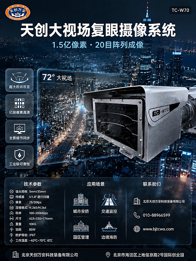 竖版产品彩页，3:4比例，城市安防实景场景风格。背景为城市夜景高空俯瞰图，灯火辉煌的城市建筑群，有轻微的虚化景深，营造真实安防监控场景氛围，整体色调偏冷蓝但不是纯蓝背景，而是真实的城市夜景照片质感。顶部区域：左上角天创万安logo，右上角"TC-W70"白色小字带半透明黑底，中央大标题白色粗体带轻微阴影"天创大视场复眼摄像系统"，副标题浅蓝色"1.5亿像素 · 20目阵列成像"，标题叠加在城市夜景上方，有层次感。中部区域：TC-W70复眼摄像机产品主视觉位于画面中央偏右，银色金属外壳清晰，产品100%还原原图外形结构，产品从画面右侧探出，左侧叠加一个半透明的监控画面取景框，框内是城市街道的监控视角画面，体现产品的实际应用效果，取景框上有"72°大视场"、"1.5亿高清"标注。左侧区域：四个白色半透明卡片竖排，每个卡片一个核心卖点，带图标："超大视场覆盖"、"亿级像素高清"、"全景细节同步"、"工业级可靠性"。下部区域：深灰色半透明底条，分为三部分：左侧"技术参数"白色标题，关键参数白色小字；中间"应用场景"白色标题，四个小图标：城市安防、交通监控、园区管理、边境海防；右侧"联系我们"白色标题，公司名、电话、网址白色小字。底部：最下方黑色半透明底栏，白色公司信息。整体风格是实景场景合成，有真实的应用场景代入感，完全不同于纯蓝色科技背景。版式精美，层次丰富，文字清晰可读。