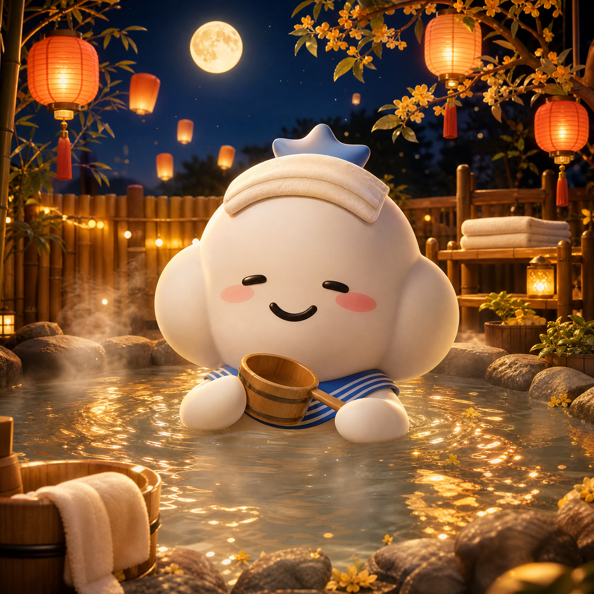 以白色云朵IP为主角，生成一张 1:1 方形夜场温泉游玩图：1… - 图片创意预览