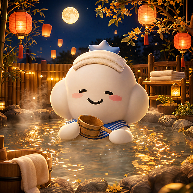以白色云朵IP为主角，生成一张 1:1 方形夜场温泉游玩图：1. 完全保留云朵IP原造型（白色蓬松云朵身体、黑色大眼睛、粉色腮红、微笑、蓝色星冠、蓝白条纹水手领巾、短粗四肢），3D软胶质感；2. IP独自泡在温暖的温泉池中，头顶叠着一块白色小毛巾，双手捧着一个木质小水瓢或趴在池边，表情放松享受、眼睛微眯，氛围惬意治愈；3. 夜场温泉场景：深蓝夜空+金色满月、红灯笼、孔明灯、桂花枝、竹子围栏、暖黄灯光串，温泉水面冒着热气、波光粼粼，池边有小木桶、毛巾架和绿植；4. 暖金色调，3D渲染，光影通透柔和，画面精致高级，构图居中饱满；5. 画面中不要任何文字、logo、水印。