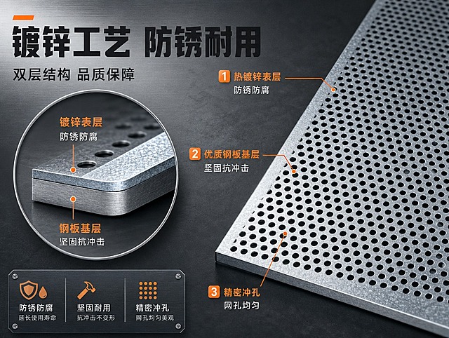 [商品] 使用【图1】镀锌冲孔网；保留镀锌金属材质、圆孔结构；做局部放大与截面示意，展示钢板基层+镀锌涂层双层结构，不虚构不存在的结构。
[画面] 目标：结构材质解析，证明防锈与坚固的底层逻辑。构图：左侧产品截面放大示意（钢板基层+镀锌表层双层结构标注），右侧冲孔网斜放主体展示，配3个结构标注引线：镀锌表层、钢板基层、精密冲孔。背景为深灰色工业风，突出金属截面质感。
[视觉] 套系策略：风格=工业风专业商业摄影；标题字=粗黑无衬线工业字体；正文字=简洁无衬线体；主色=冷灰银；背景延展=基于冷灰银做深浅层级、同色渐变和金属拉丝质感；强调色=工业橙，仅用于小面积图标、引线和标签；标题色=深炭灰；正文色=中冷灰；组件=直角金属质感信息卡、细银线引线；光影=左前侧硬柔光，突出金属反光与网孔立体感。
[文字] 左上主标题「镀锌工艺 防锈耐用」，副标题「双层结构 品质保障」。3个标注点：1.热镀锌表层 防锈防腐 2.优质钢板基层 坚固抗冲击 3.精密冲孔 网孔均匀。文字横向排版，引线清晰指向对应部位。
[规格] 图片比例4:3横版，4K分辨率，避免变形、错字、文字过小、结构比例失真。