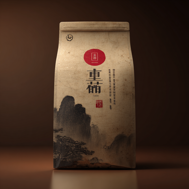 铝箔自封袋包装设计，精细效果图，主体图案为抽象水墨赭石纹，灵感来自解构的“文人石”。图案用黑色泼墨和枯笔勾勒出松散的山石轮廓，辅以陈年赭石色（熟褐）的水墨晕染，表现“破堆”的风化感。墨迹有明显的枯笔纹预览效果