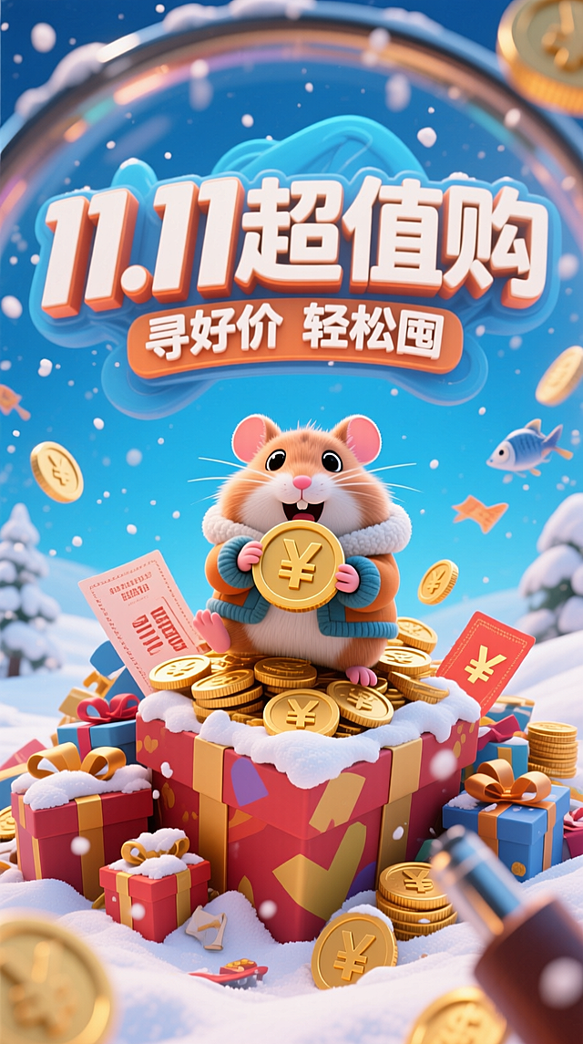 3D卡通风格。透过前景模糊的放大镜的POV视角+鱼眼构图，一个穿着冬装的迷你仓鼠在一大堆凌乱堆叠的礼盒、购物券、金币（上面“￥”符号）顶部，以夸张且享受的的表情吃着一个硕大的大金币，冬雪覆盖在仓鼠和礼盒身上，背后巨大的带有设计感的艺术字主副标题组合设计"11.11超值购"+“寻好价 轻松囤”，蓝色背景，极端的俯视角度构图