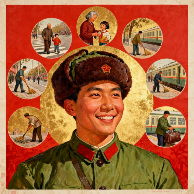 正面半身的军人肖像，身着绿色军装、头戴棉帽，面带温暖微笑，前景清晰突出；背景由多个圆形小场景组成，分别是搀扶老人过马路、给孩童讲故事、清扫街道、帮乘客搬运行李的内容，整体为暖色调，采用红金配色，复古中预览效果