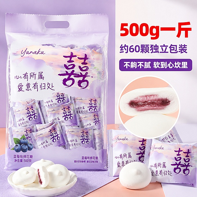 「图片1」，配料表「图片1」生成一套主图（5张），商品名称是友乐町蓝莓味棉花糖，卖点是一斤约60颗，适配抖音平台，主图比例为1:1