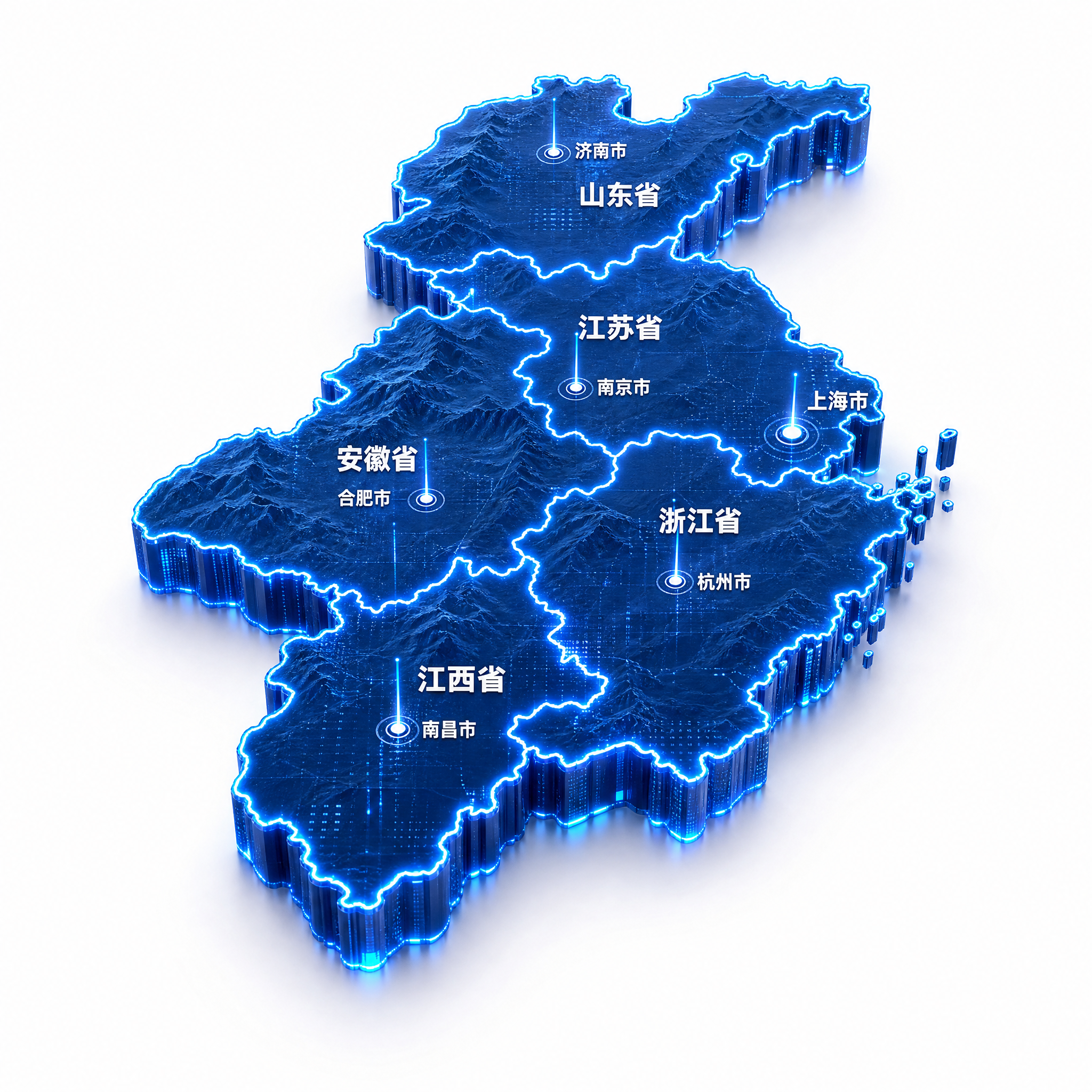 3D立体科技风格的华东五省一市区域示意图，深蓝色渐变立体地形纹… - 图片创意预览