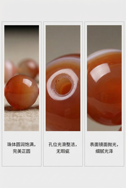 卡12千层盐瀛圆珠手串精工细节展示，画面分三栏，每栏占三分之一，依次展示珠体圆度、孔位细节、表面抛光三个特写，每个特写下方配简短工艺说明，用浅灰色边框分隔区域，排版规整。珠体圆度特写展示圆润饱满度，孔预览效果