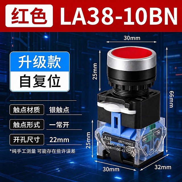 基于原图进行文字修改，其他全部保持不变，具体要求如下：

1. 将顶部红色通栏中的型号文字"LA38-11BN"修改为"LA38-10BN"，字体、大小、颜色、位置全部保持不变。

2. 将左侧参数区中"触点形式"对应的文字"一开一闭"修改为"一常开"，字体、大小、颜色、位置全部保持不变。

3. 其他所有内容完全保持不变：背景、产品、其他文案、尺寸标注、排版、光影、颜色全部原样保留。

4. 字体保持思源黑体 Bold不变。

5. 负向要求：禁止改变背景、禁止改变产品、禁止改变其他文字、禁止改变排版布局、禁止改变尺寸。