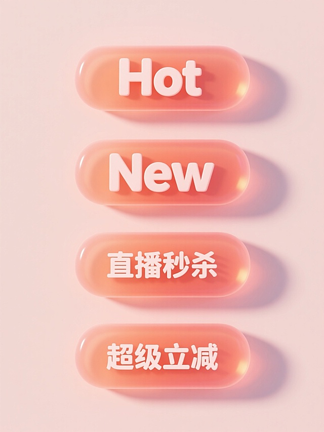 4个规整排布的促销标签，每个标签为单一纯色背景，标签文案分别包含"Hot"、"New"、"直播秒杀"、"超级立减"基本元素内容，整体采用3D立体渐变风格，柔和的半透明果冻质感，温暖的橙粉色调，圆润边角设计，高光与阴影过渡自然，呈现出Q弹可爱的卡通化视觉效果，标签表面光滑有光泽，光线从斜上方照射形成轻微阴影，整体构图均衡对称，信息传达清晰直观。