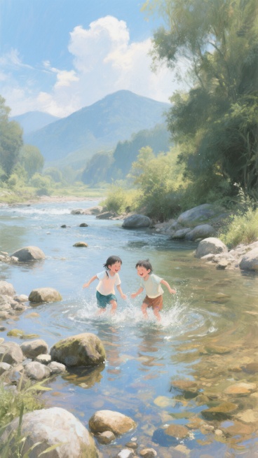 自然场景：河畔、浅滩、远山、蓝天白云、茂密植被
人物互动：2 个 孩童戏水、童真氛围、户外玩耍
环境质感：清澈溪水、错落石滩、朦胧山景预览效果