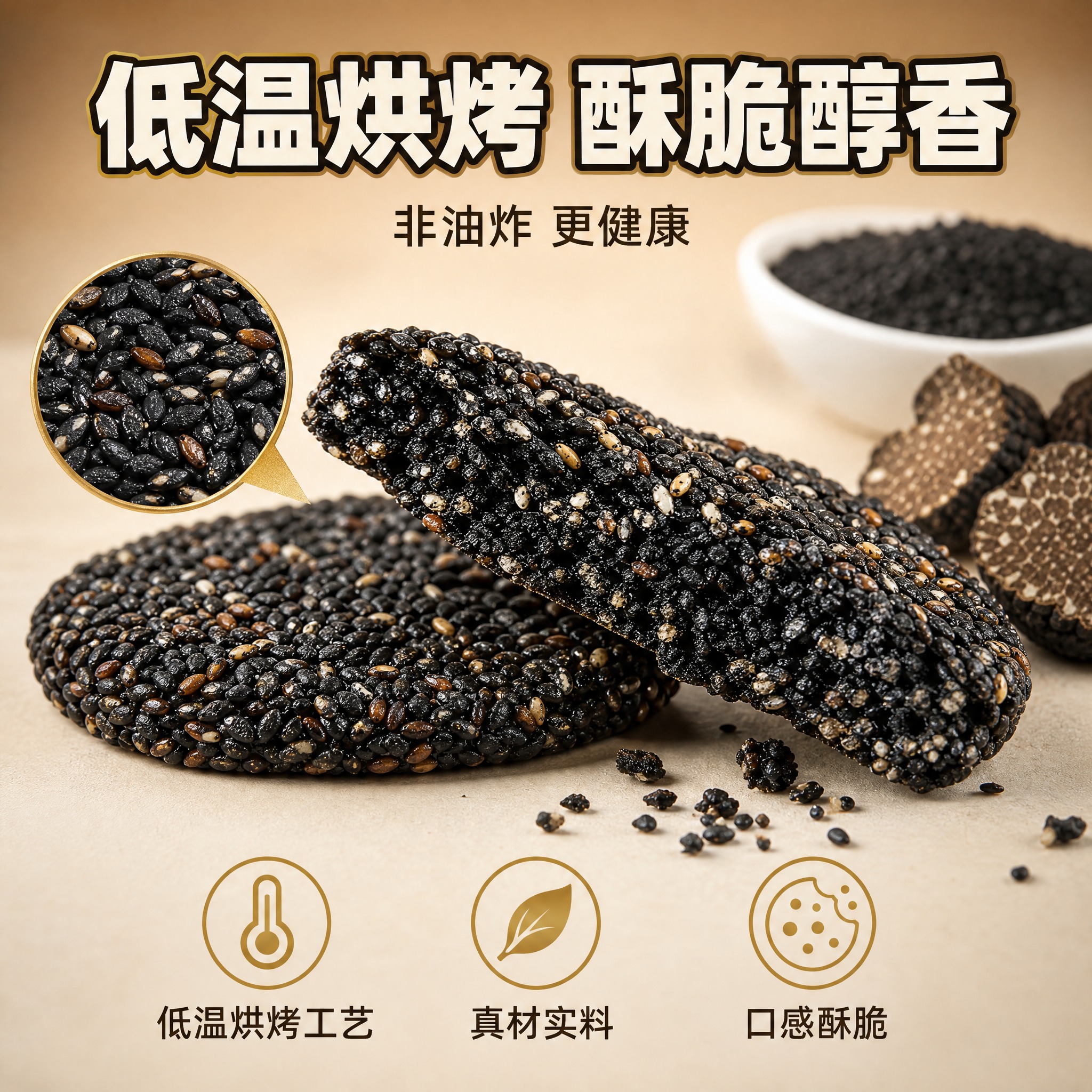 [主图-3] 细节工艺图，任务是展示黑芝麻饼的酥脆质感和低温烘… - 图片创意预览