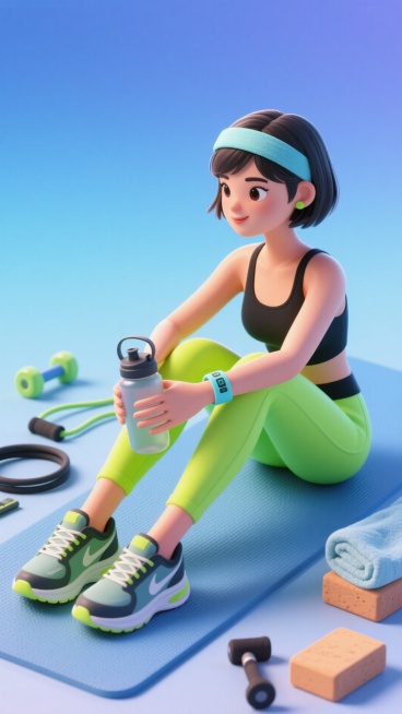 短发女性，戴运动头带、硅胶手环，穿黑色运动背心、荧光绿 leggings、跑鞋，坐瑜伽垫上，手持运动水壶。周围散落弹力带、瑜伽砖、毛巾，浅蓝渐变背景预览效果