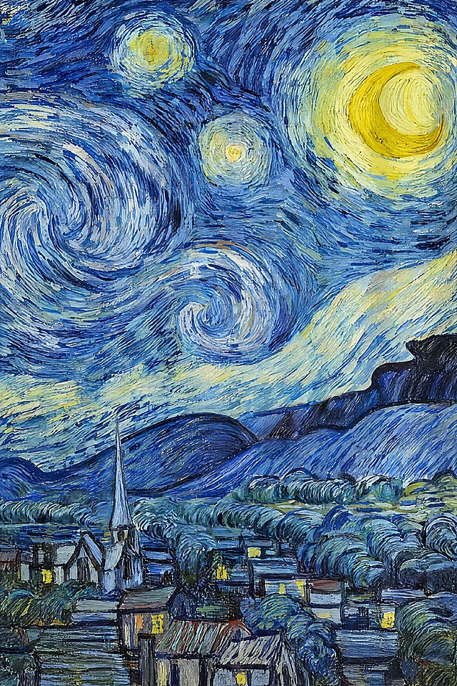 提取参考图中的门帘图案，完整保留梵高星夜油画的所有笔触、色彩和构图元素：旋转的星空、黄色月亮和星星、蓝色山峦、小镇村庄、教堂尖顶等，完全去除中间的竖缝和对开痕迹，背景不要有任何波浪纹理或凹凸纹理，画面平整均匀，油画笔触质感保留完好，图案比例和样式与原图完全一致，不要改变任何图案，高清印刷品质，色彩准确还原，适合印刷使用