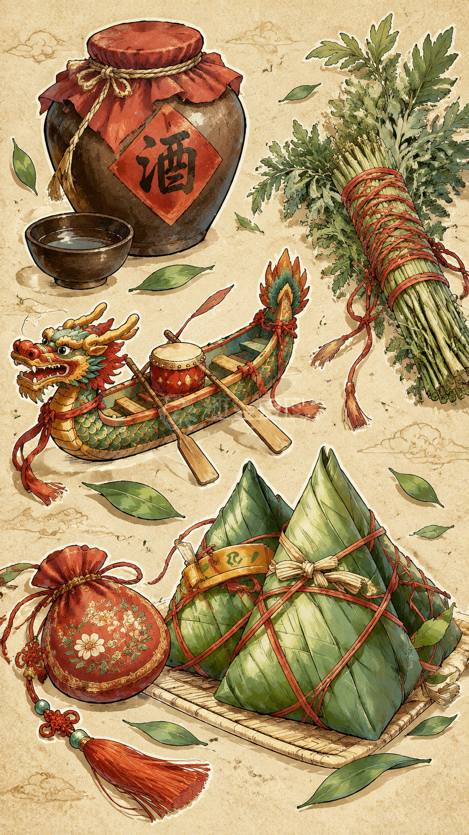 参考图中的国风手绘插画风格，1:2竖版比例，浅棕黄色做旧纸张底… - 图片创意预览