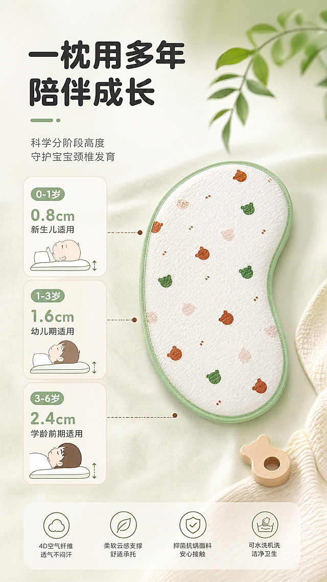 [商品] 使用【图1】绿边小熊头款4D空气纤维婴童云片枕；保留枕头的月牙形轮廓、绿色包边、小熊头印花；商品处理：保持版型和花色真实，增强面料质感。
[画面] 页面目标：多年龄段适配展示，突出一枕多用的成长陪伴价值。构图骨架：左文右图，右侧枕头主体，左侧分三个年龄段示意，产品占画面40%。摆放角度：正面微俯视。景别：中景+图标组合。阅读动线：从左至右再到产品。前中后景：前景年龄段图标与文字、中景枕头主体、后景浅净渐变背景。
[视觉] 套系策略：风格=简约大气上档次的婴童家纺商业摄影风；标题字=现代圆润粗黑体；正文字=简洁无衬线体；主色=奶白+浅抹茶绿；背景延展=基于奶白与浅抹茶绿做柔和渐变、同色深浅层级和细腻织物肌理；强调色=暖棕，仅用于小面积图标、引线和标签点缀；标题色=深炭灰；正文色=中暖灰；组件=圆角浅底信息卡、细曲线引线；光影=左前侧柔和漫射光，整体通透干净。
[文字] 左侧上方主标题「一枕用多年 陪伴成长」，下方分三行配图标和文字：「0-1岁 0.8cm 新生儿适用」「1-3岁 1.6cm 幼儿期适用」「3-6岁 2.4cm 学龄前期适用」，配合箭头示意高度递增；文字区清晰排布，不遮挡枕头。
[规格] 图片比例9:16竖版，4K分辨率，避免变形、错字、文字过小、冷蓝灰背景、产品颜色改变、极限词、虚假年龄承诺。
