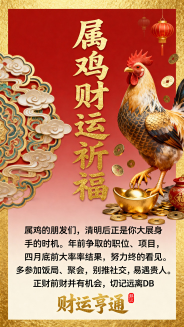 国风财运祈福海报，包含文字内容：“属鸡的朋友们，清明后正是你大展身手的时机。年前争取的职位、项目，四月底前大概率出结果，努力终被看见。多参加饭局、聚会，别推社交，易遇贵人。正财偏财均有机会，切记远离D预览效果
