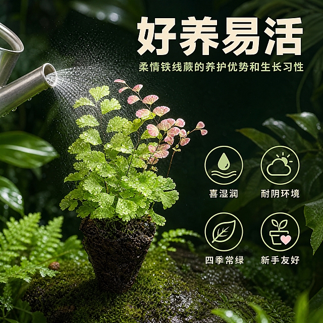 [主图-7] 养护特点说明图，展示柔情铁线蕨的养护优势和生长习性。
[统一基调] 热带雨林真实质感，深绿色系为主，自然柔和光线，清晨雨林漫射光，真实植物摄影质感，字体采用简洁无衬线粗体，标题字色为浅米白色，辅助字色为淡绿色，强调色为嫩粉色呼应叶片色彩。
[画面] 柔情铁线蕨放置在喷壶旁边，喷壶正在向叶片喷洒水雾，水珠附着在叶片上闪闪发光，背景是带有雨林纹理的深绿色背景，主体植物占比约50%，旁边有四个图标式养护要点展示，分别对应喜湿、耐阴、四季常绿、易养护四个特点，每个特点配有简洁的小图标，整体画面清新自然，突出植物好养易活的特点。
[光影质感] 清新自然摄影质感，柔和光线，水珠有高光，叶片通透，水雾效果真实自然，整体氛围清新湿润。
[配色] 深绿色背景，植物绿色粉色，透明水珠，文字白色与浅绿色，图标用浅绿色边框。
[文字版式] 上方主标题「好养易活」，下方四个养护要点图标+文字：「喜湿润」「耐阴环境」「四季常绿」「新手友好」，分布在画面右侧和下方，文字清晰不遮挡主体。
[输出要求] 1:1正方形2048px，植物清晰，养护信息明确，文字清晰可读，禁止变形、错字、模糊、杂乱、水印、平台Logo，禁止植物形态失真。