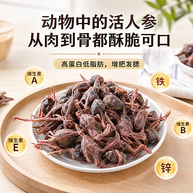 同款冻干鹌鹑宠物零食产品图，重新调整文字排版，改变文案布局，保留原产品卖点：动物中的活人参，从肉到骨都酥脆可口，高蛋白低脂肪，增肥发腮，保留营养元素标识维生素A、维生素E、铁、锌、维生素B，木质托盘搭配白色盘子背景，同款产品，商品清晰展示