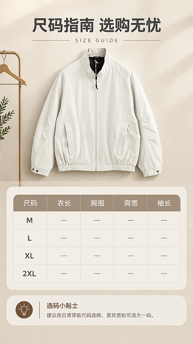 [商品] 使用【图1】米白色男士立领宽松夹克；商品处理：保留立领、中央拉链、斜插口袋、松紧下摆、袖口按扣、宽松廓形、米白色和顺滑面料；自然去皱，理顺垂坠，平铺展示正面全貌，增强面料与缝线质感，不改变版型结构。
[画面] 目标：尺码信息页，提供尺码表与选码建议。构图：上方平铺夹克正面图占画面40%，下方尺码表格占画面45%，底部选码小贴士。背景为浅米色纸张质感，有柔和投影，左侧点缀简约衣架道具。
[视觉] 套系策略：风格=高级简约都市通勤商业摄影；标题字=现代无衬线粗体（字重Bold）；正文字=简洁无衬线体（字重Regular）；主色=米白暖灰；背景延展=基于米白暖灰做深浅层级、同色渐变和细腻哑光墙面/纸张质感；强调色=深棕咖，仅用于小面积图标、引线和标签；标题色=深炭灰；正文色=中暖灰；组件=圆角浅底信息卡、细线引线、极简标签；光影=左前侧暖柔光，柔和阴影。
[文字] 顶部主标题「尺码指南 选购无忧」，表格含尺码（M/L/XL/2XL）、衣长、胸围、肩宽、袖长字段（数值留空用横线表示）。底部选码建议：「建议按日常穿着尺码选购，喜欢宽松可选大一码」。文字全部横排，表格清晰易读，手机端字号适中。
[规格] 图片比例9:16竖版，resolution=2K，避免变形、错字、文字过小、冷蓝/蓝灰背景、衣服颜色改变、版型失真、极限词。