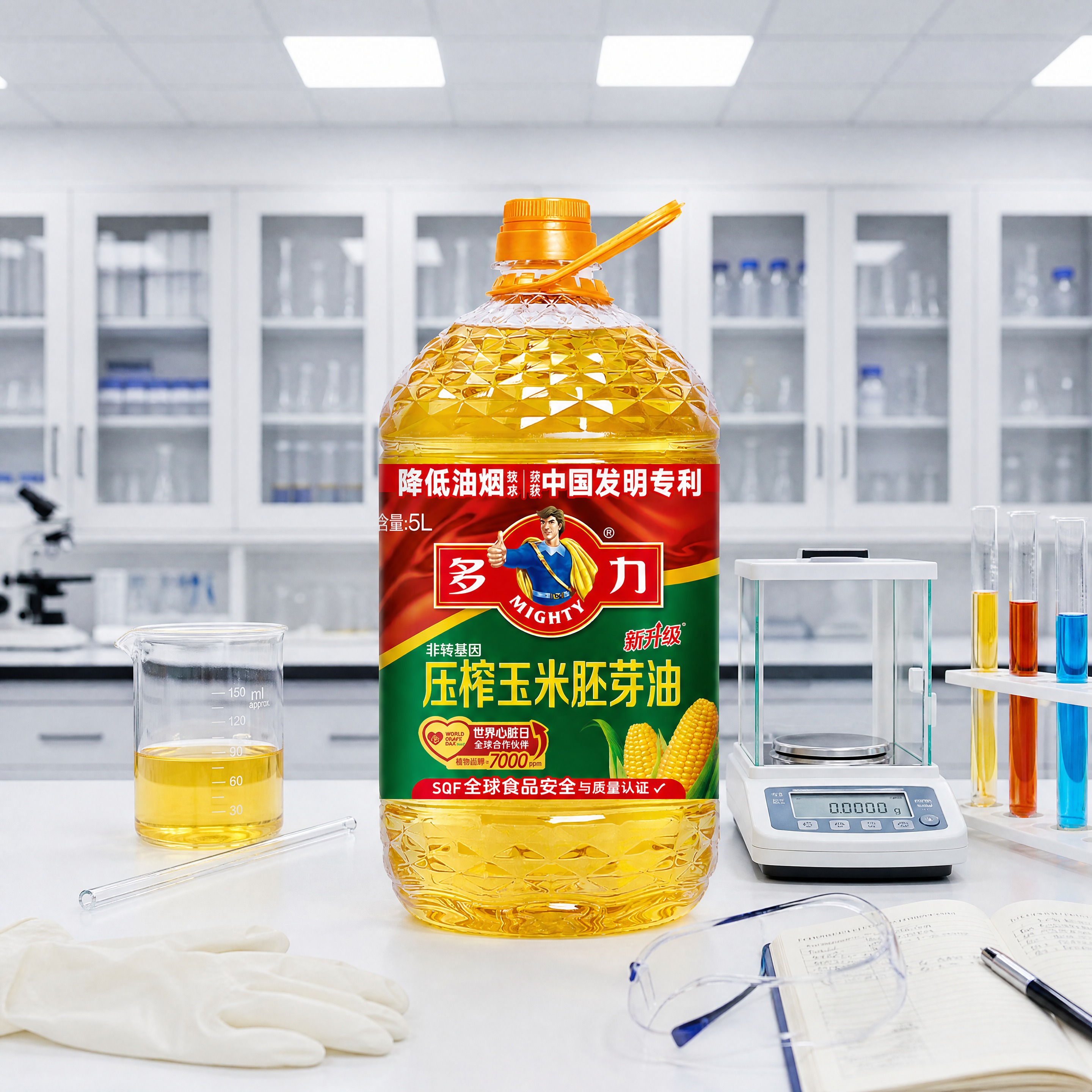 超写实食品商业摄影。 主体：5L装玉米油桶严格参照上传产品图，… - 图片创意预览