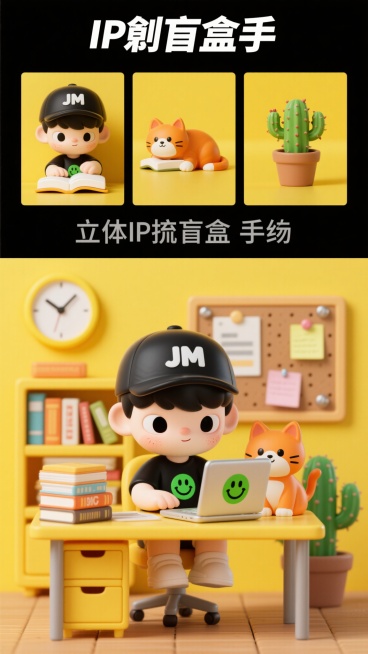 潮玩风格的卡通人物与萌宠组合，人物戴“JM”黑帽、黑T恤，操作贴有绿笑脸贴纸的笔记本电脑，身旁有橘猫与仙人掌；上方分三格展示橘猫趴书、人物头像、橘猫在仙人掌盆栽的小场景；黄色系的工作桌面，有黄色时钟、预览效果