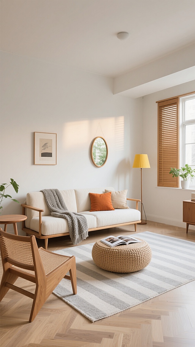 极简主义风格客厅，保持原有布局结构，米白色布艺沙发搭配原木色框架，沙发上搭着灰色针织毯和橙色、米色靠垫，前方是圆形编织蒲团茶几，上面放着翻开的杂志，浅灰色条纹地毯覆盖人字拼花木地板，左侧有木质藤编单人椅和小圆边桌，窗边有绿植点缀，右侧立着黄色落地灯，背景墙挂着简约装饰画和椭圆形镜子，木质百叶窗透进柔和的侧光，整体采用低饱和度色调，线条简洁流畅，空间通透明亮，光影柔和自然，营造出宁静舒适的居家氛围。