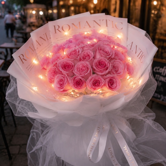 将花束内衬换成参考图这种带ROMANTIC大标题英文的浅色字母纸，保留已经添加好的彩灯装饰和咖啡店街拍背景，粉色玫瑰花、外部包装和白色丝带保持不变，整体样式参考图2的内衬纸风格预览效果